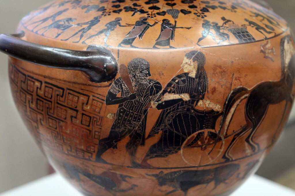 The Ricci Hydria showing Hebe bringing Herakles to Olympus from Earth on his apotheosis.