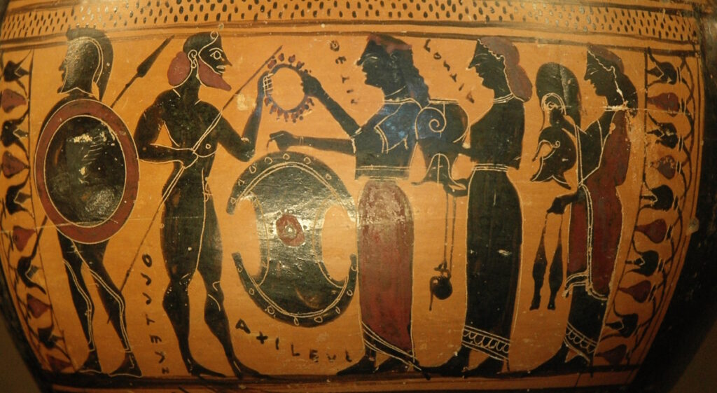 Thetis and attendants bring Achilles the armour prepared for him by Hephaistos. Attic black-figure hydria, c. 575–550 BC, currently at the Louvre, Paris.