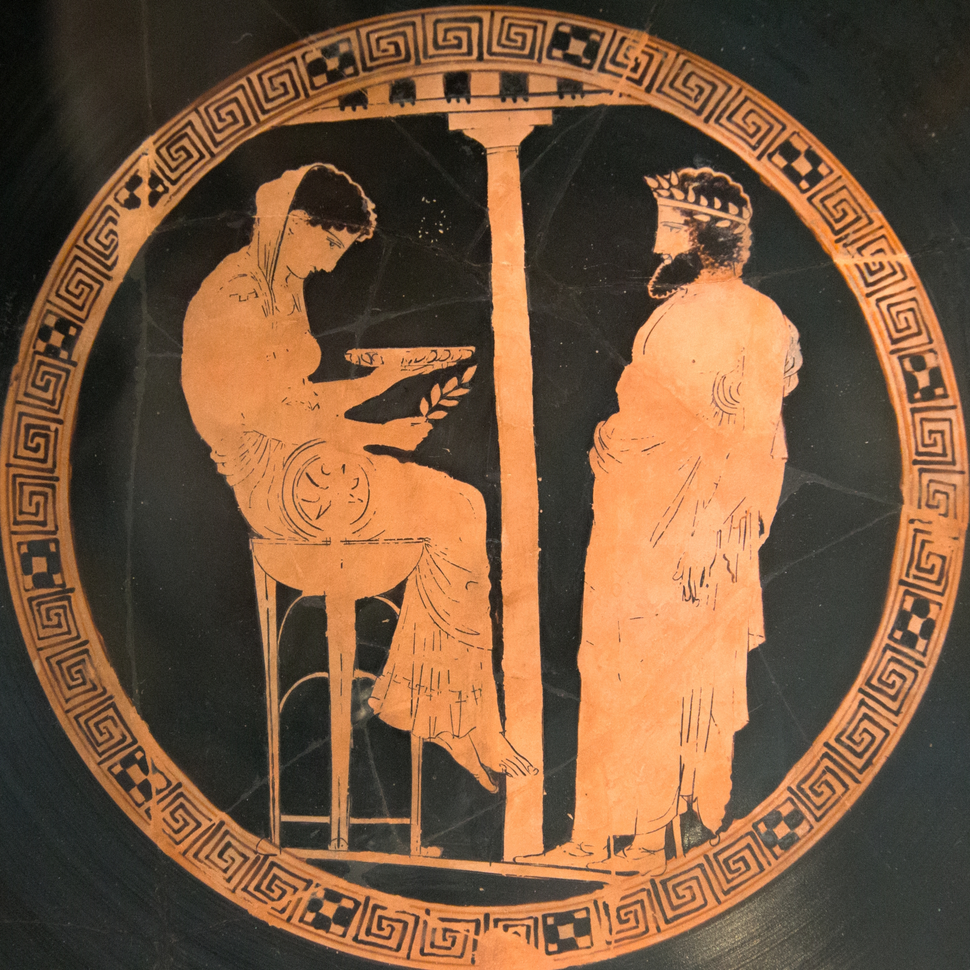 Oracle of Delphi: King Aigeus in front of the Pythia. Attic red-figure kylix from Vulci (Italy), 440-430 BCE, Kodros Painter; held at Altes Museum, Berlin.