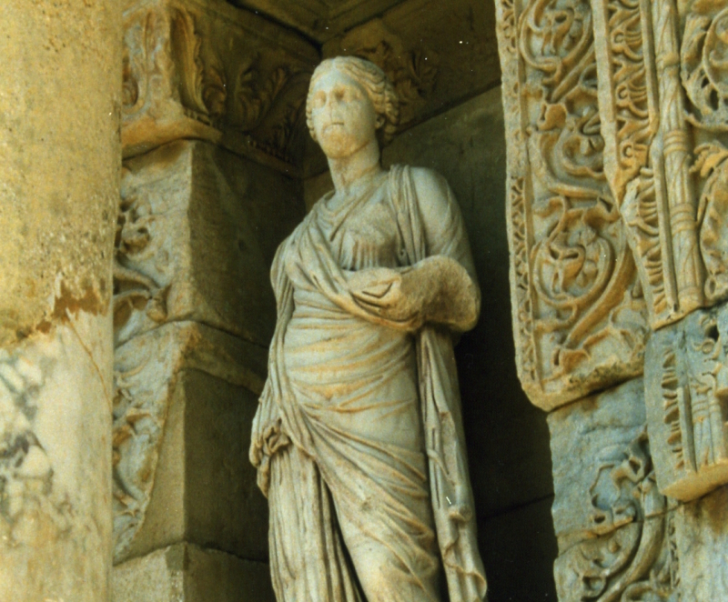 Statue of the personification of Wisdom (Koinē Greek: Σοφία, Sophía) at the Library of Celsus in Ephesus (second century CE); crop.