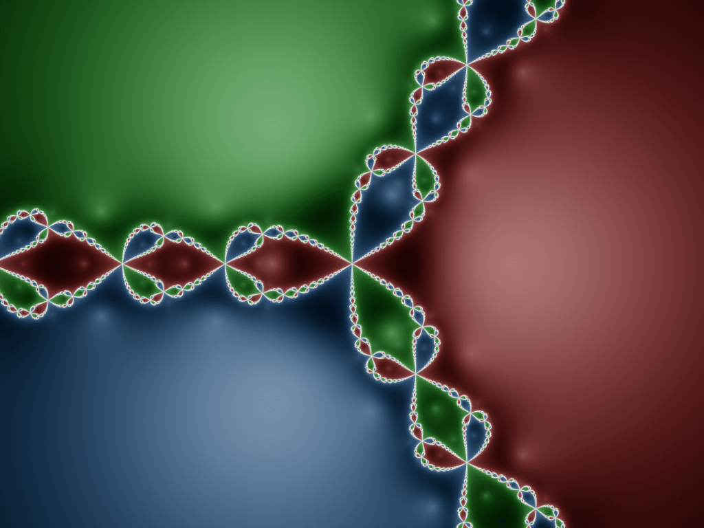 Julia fractal (in white) for a specific rational function, with a Fatou set in red, green and blue tones.