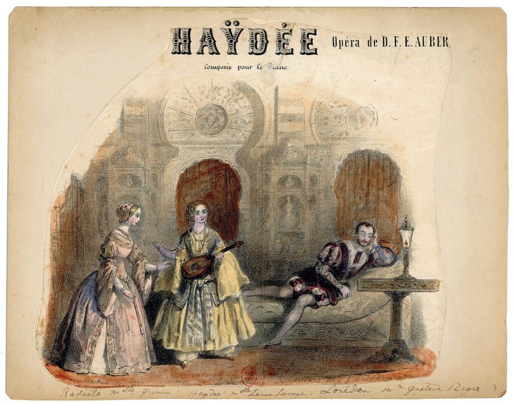 1848 illustration by Victor Coindre for the opera Haydée. The drawing features three figures, apparently actors in costume, amid a partially realised background. On the left, a young white woman in an opulent pink dress with blonde hair faces to the right. Next to her, near the centre, is a young white woman in a less obviously wealthy gown, with dark hair, holding a lute. At right is a white man in regal damask and pale garments, partly reclined on a chaise longue. Handwritten notes at the base of the illustration likely give the actors' names and roles.