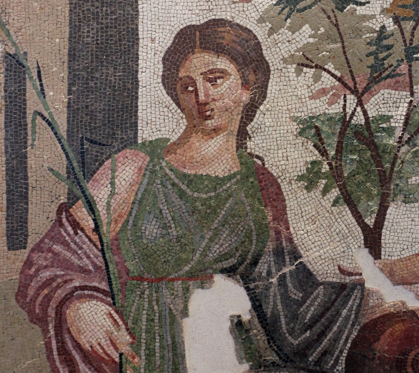 Detail of mosaic featuring Cyrene from the 2nd century CE, at the Lambaesis archaeological site, Algeria.