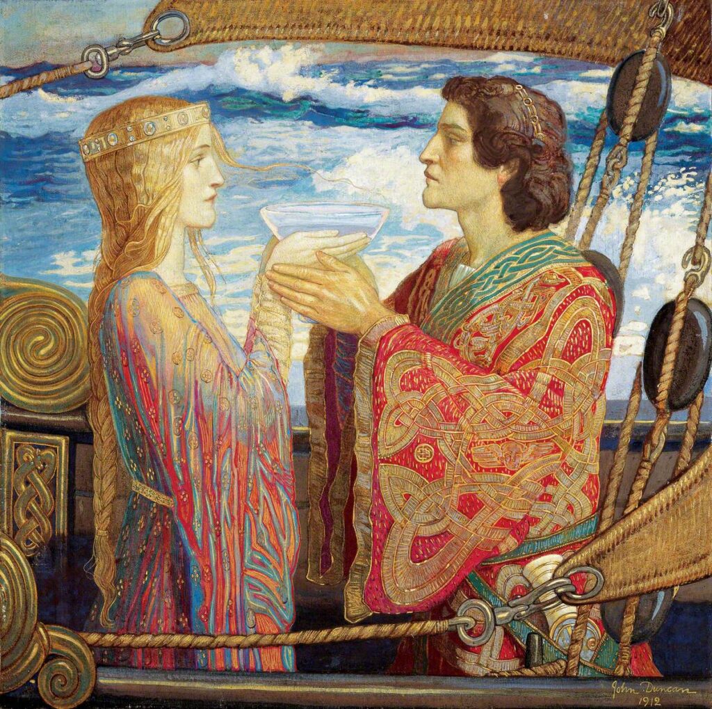 Tristan and Isolde (1912) by John Duncan. In this meticulously detailed Celtic-style work, the mythical lovers face one another while on a boat, with waves splashing in the background. Iseult is holding a bowl (presumably containing the love potion) and Tristan's hands support hers.
