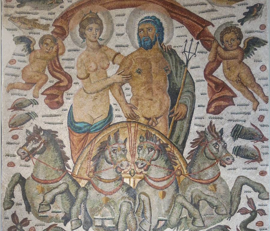 Triumph of Poseidon and Amphitrite showing the couple in procession, detail of a vast mosaic from Cirta, Roman Africa (c. 315–325 CE).