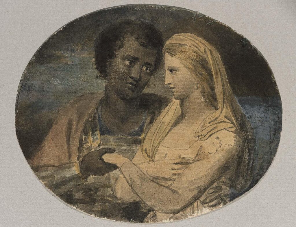 Othello and Desdemona (c. 1780), from William Blake's Illustrations to Shakespeare. A typical Blake painting in sepia, browns and greys. Othello (left), a young Black man dressed in armour and a cloak with uncovered head, holds Desdemona's hand and one arm surrounds her waist. He gazes at her with a loving expression. Desdemona's other hand rests across her chest, and she returns his gaze with some demureness. She is a young white woman in a simple, pale dress with a loose headdress partially covering golden hair.