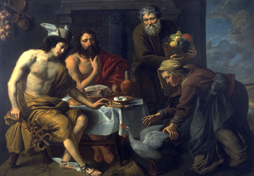 Mercury and Jupiter in the House of Philemon and Baucis (1650) by Jacob van Oost. Here Baukis is chasing the household goose to provide a special meal for her visitors; Hermes, seated to the left, reaches out to forestall her as Zeus sits thoughtfully beside him.