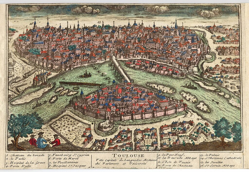 1650 etching in colour displaying a view of Toulouse from the west and noting its status as capital of the former French province Languedoc.