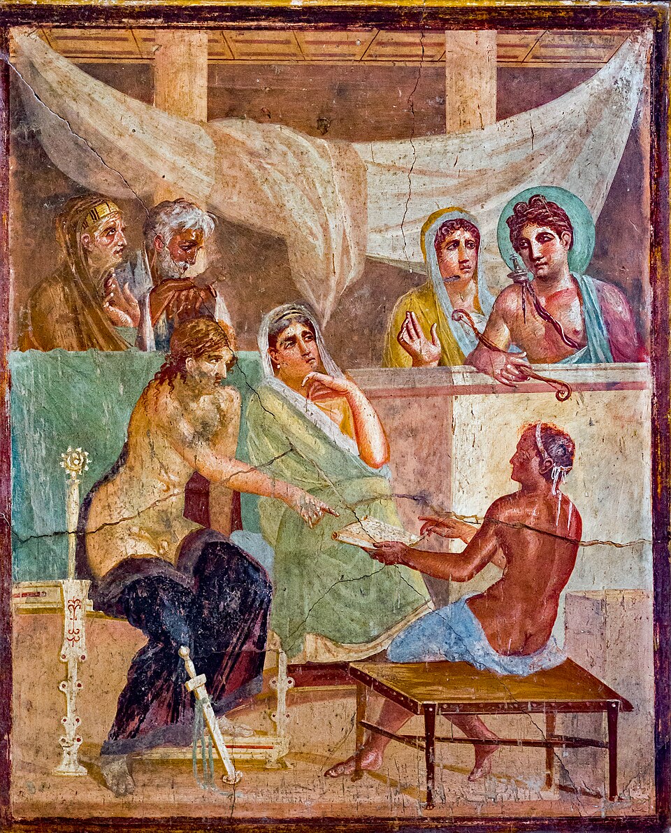 Ancient Roman fresco from 45-79 CE depicting Admetos and his wife Alkestis receiving the oracle on the conditions of Admetos' survival. In the foreground, Admetos and Alkestis are seated. The former points to the paper held by the messenger, who is seated facing them; Alkestis listens thoughtfully. In the background, Admetos' elderly parents are also listening on one side; on the other is the god Apollo and an unknown figure, perhaps his priestess.
