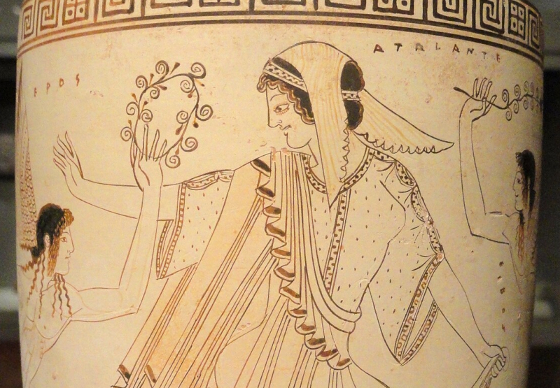 Detail of Atalanta surrounded by three Erotes, Attic white-ground lekythos, c. 500–470 BCE. Atalanta is depicted fleeing the Erotes' pursuit.