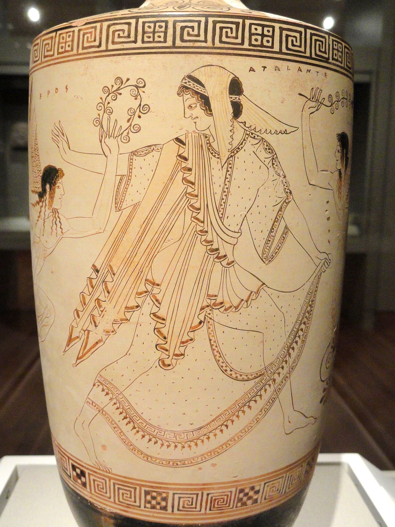 Atalanta surrounded by three Erotes, Attic white-ground lekythos, c. 500–470 BCE. Atalanta is depicted fleeing the Erotes' pursuit.